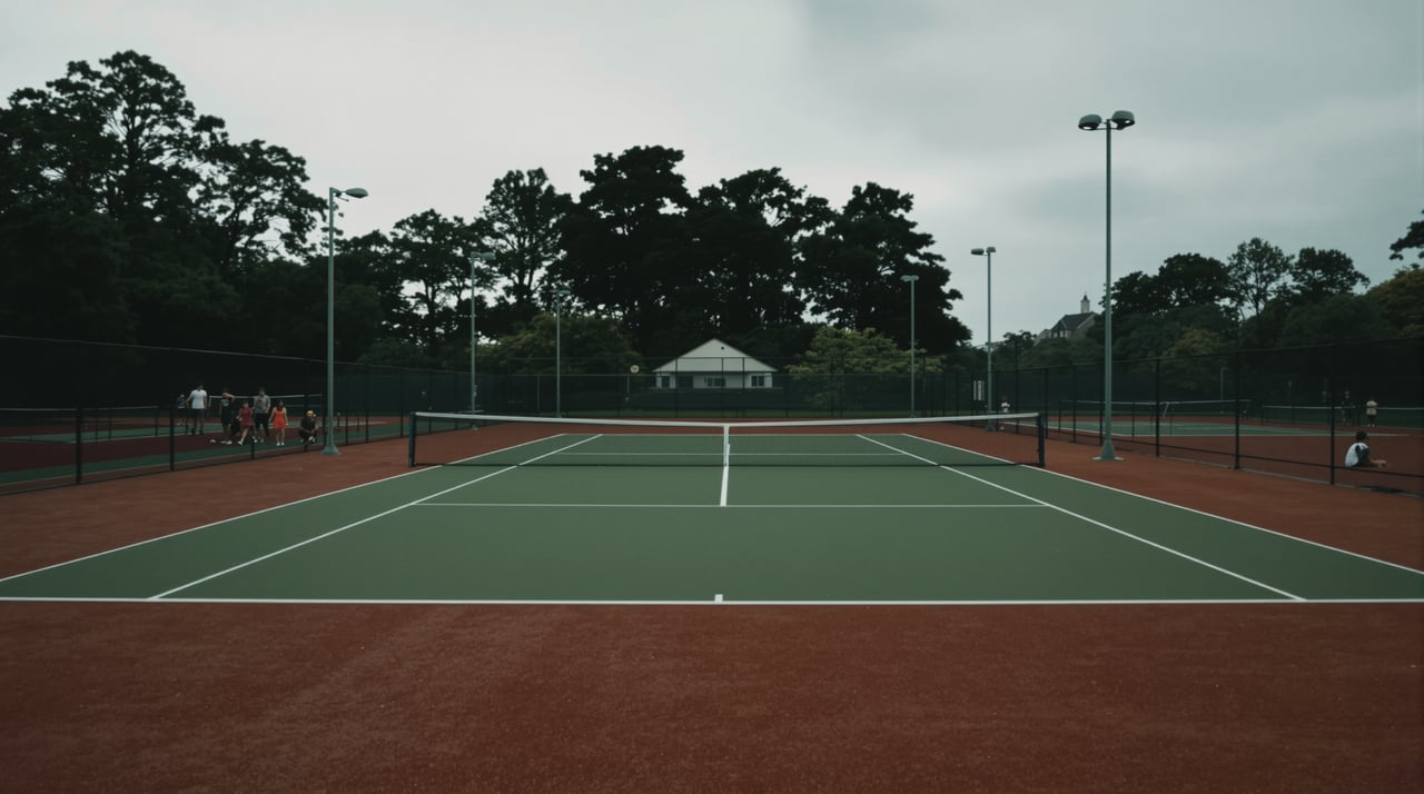 Wide cinematic view of an empty clay tennis court at a small members
