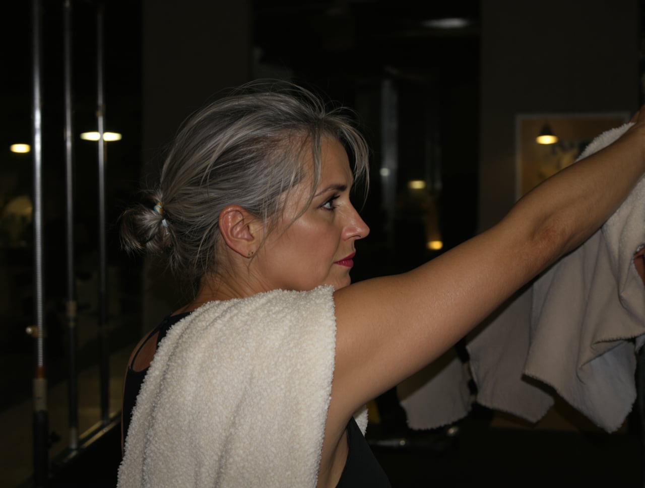 Candid documentary photo of an ordinary-looking woman in her fifties with greying hair tied back, stretching on a bench 