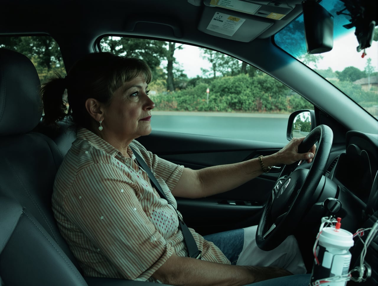 Candid documentary photo of an ordinary-looking woman in her fifties sitting in the driver